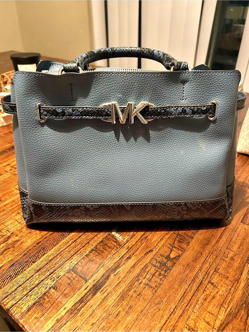 Michael Kors Riley Python Embossed Leather Satchel Gray & Black
